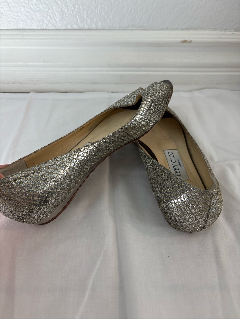 Jimmy Choo Silver Glitter Pointed Ballet Flats
